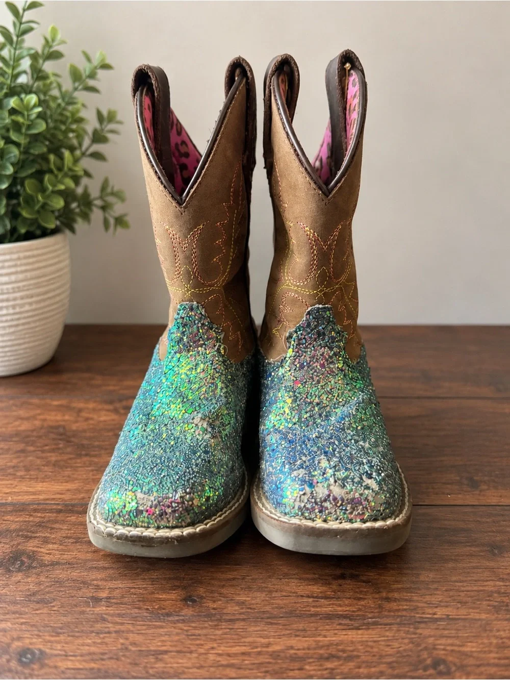 Kids Glitter Western Cowboy Boots - Brown & Multicolor Size 8.5